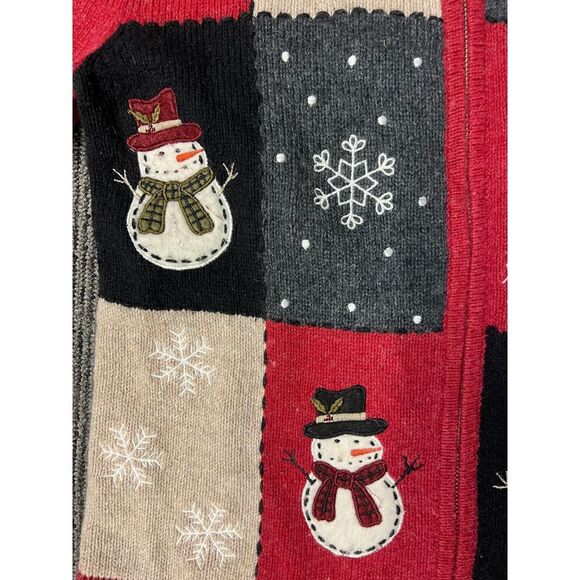 Festive Snowman Patchwork Christmas Sweater with Zip Front Red Holiday Design - Picture 4 of 6